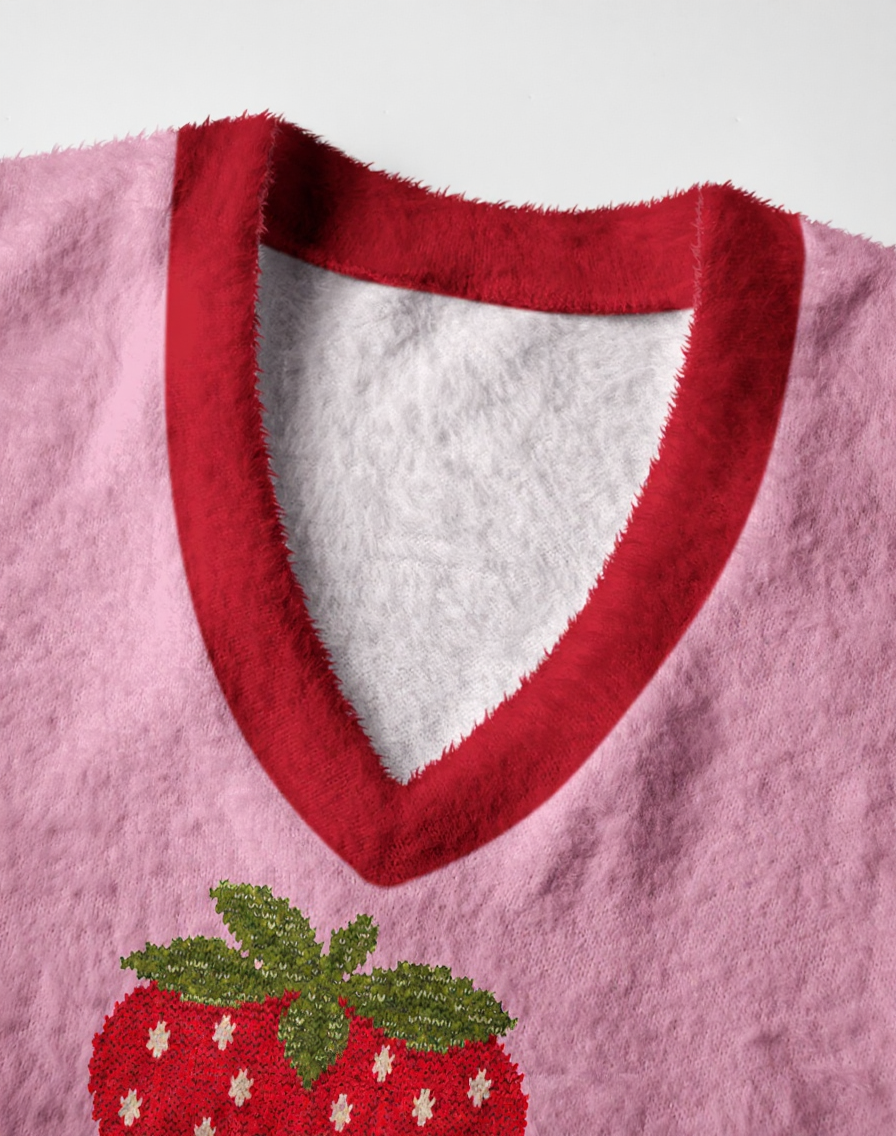 Vintage 1970s Blush Strawberry Motif V-Neck Sweater Vest image 2