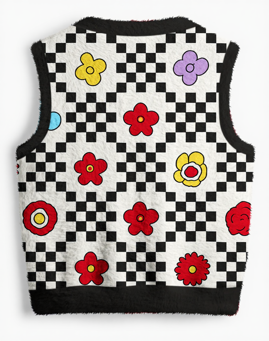 Vintage 1960s Mod Checker Bloom V-Neck Sweater Vest image 2