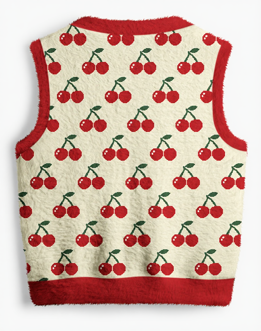 Vintage 1970s Cream Cherry Picnic V-Neck Sweater Vest image 2