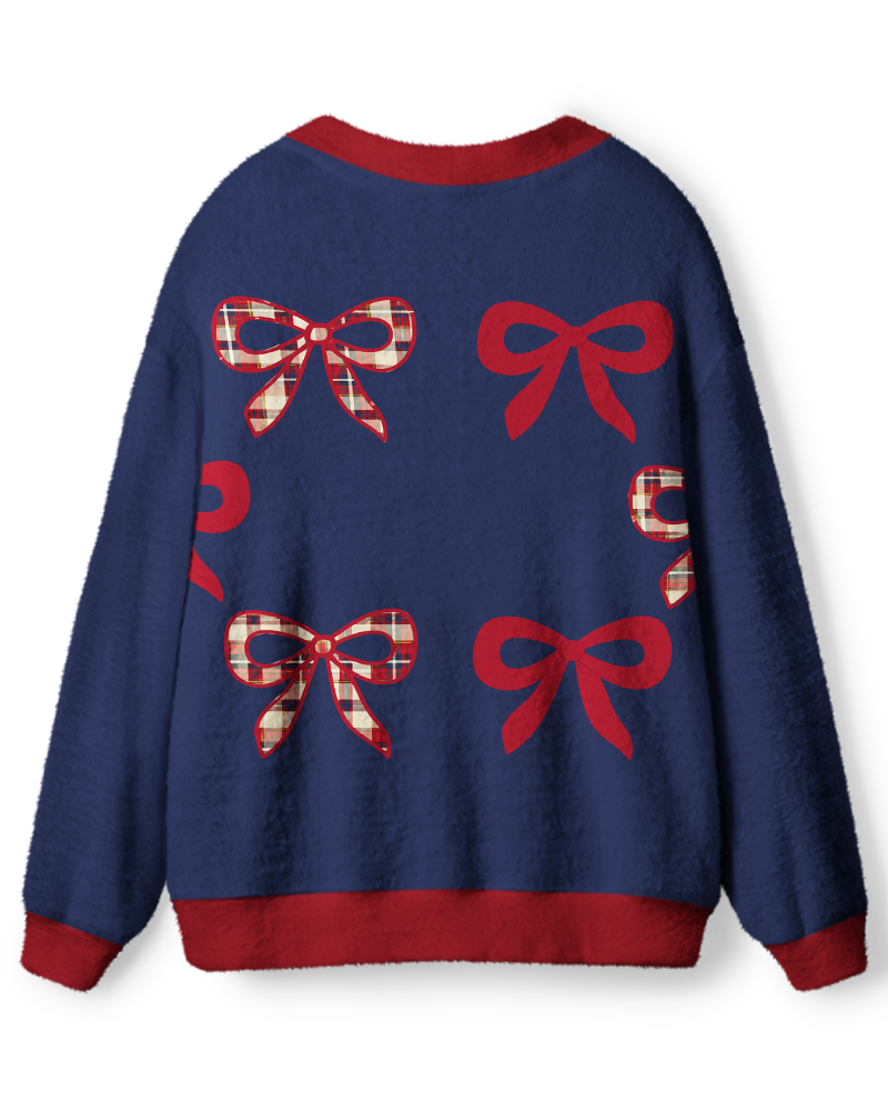 Vintage 1980s Navy Red Ribbon Bow Unisex Cardigan Sweater image 2