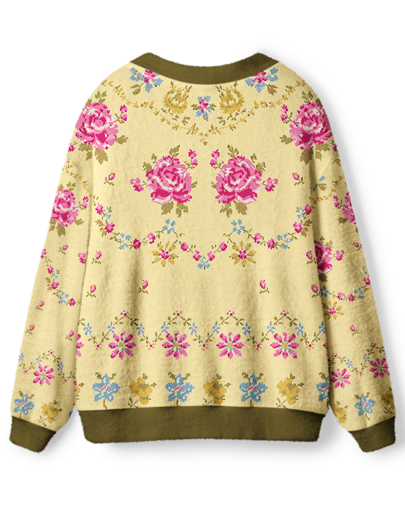 Vintage 1970s Buttercream Rose Garden Unisex Cardigan Sweater image 2