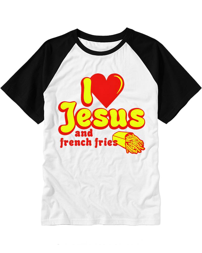 I Heart Jesus And French Fries Vintage Graphic Raglan Baseball T-Shirt image 2