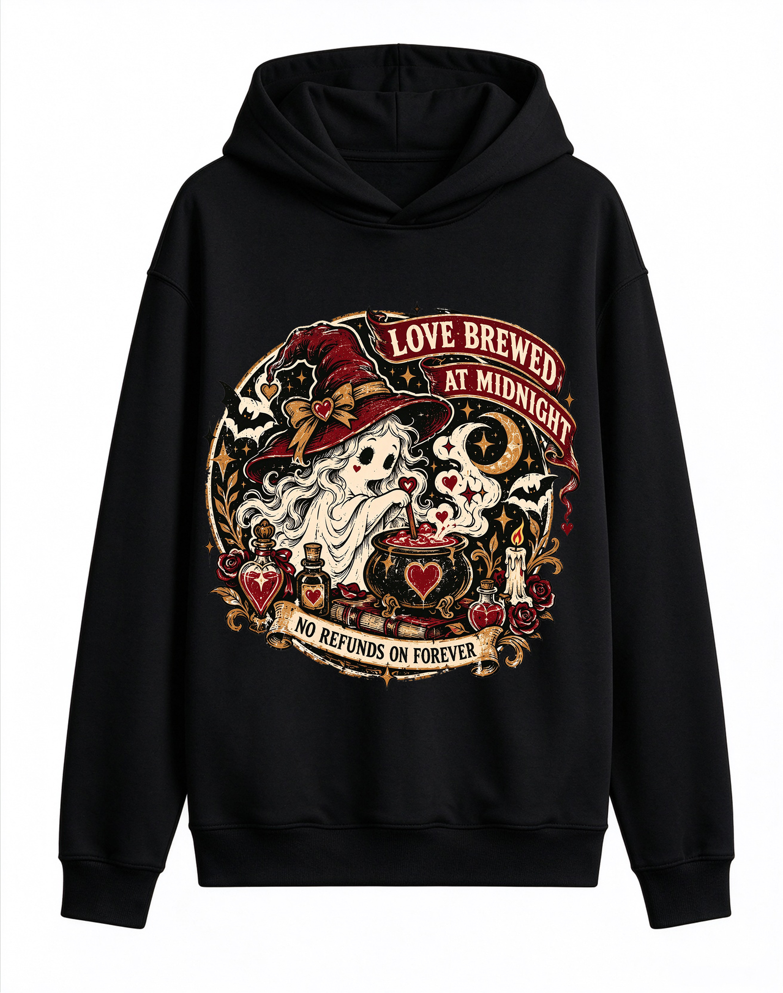 Retro Gothic Witch Ghost Halloween Hoodie, Love Brewed At Midnight Potion Cauldron Front Print Hooded Sweatshirt