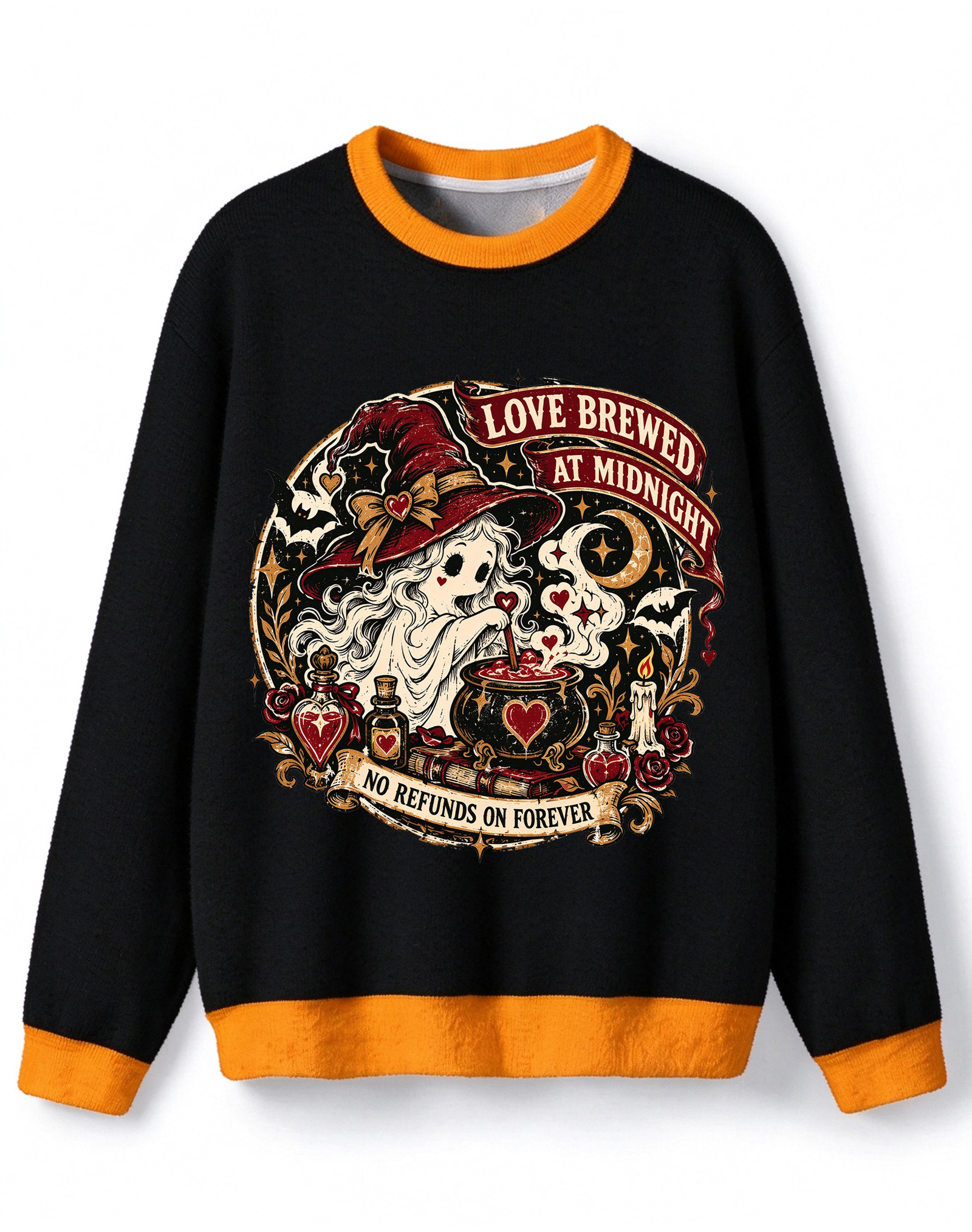 Retro Gothic Witch Ghost Halloween Sweater, Love Brewed At Midnight Graphic Knit Top
