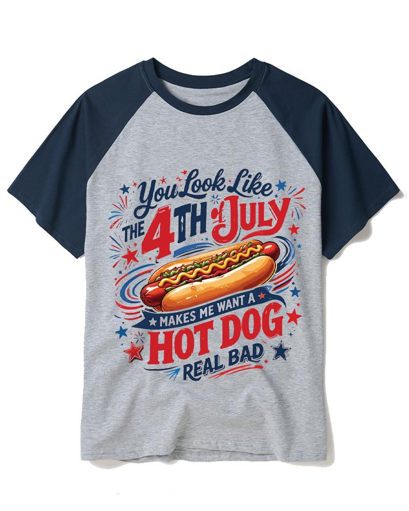 Fourth Of July Shirt Hot Dog 1990s Raglan Baseball T-Shirt image 3