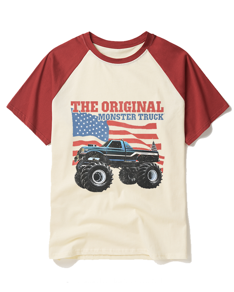 Monster Truck Flag Bigfoot 1970s Raglan Baseball T-Shirt image 3