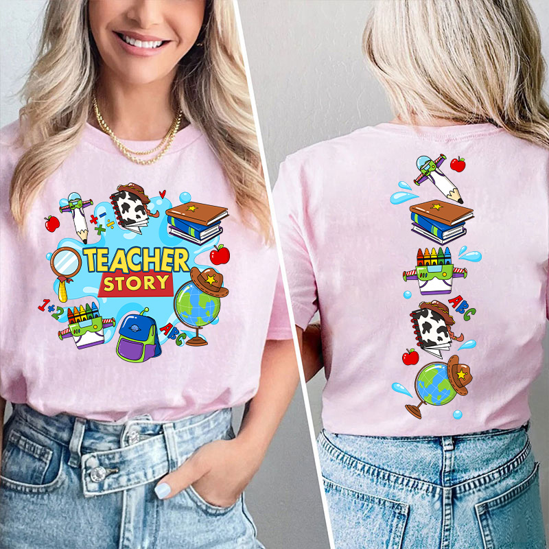 Teacher Story Cute School Stuff Icons Teacher Two Sided T-Shirt image 3