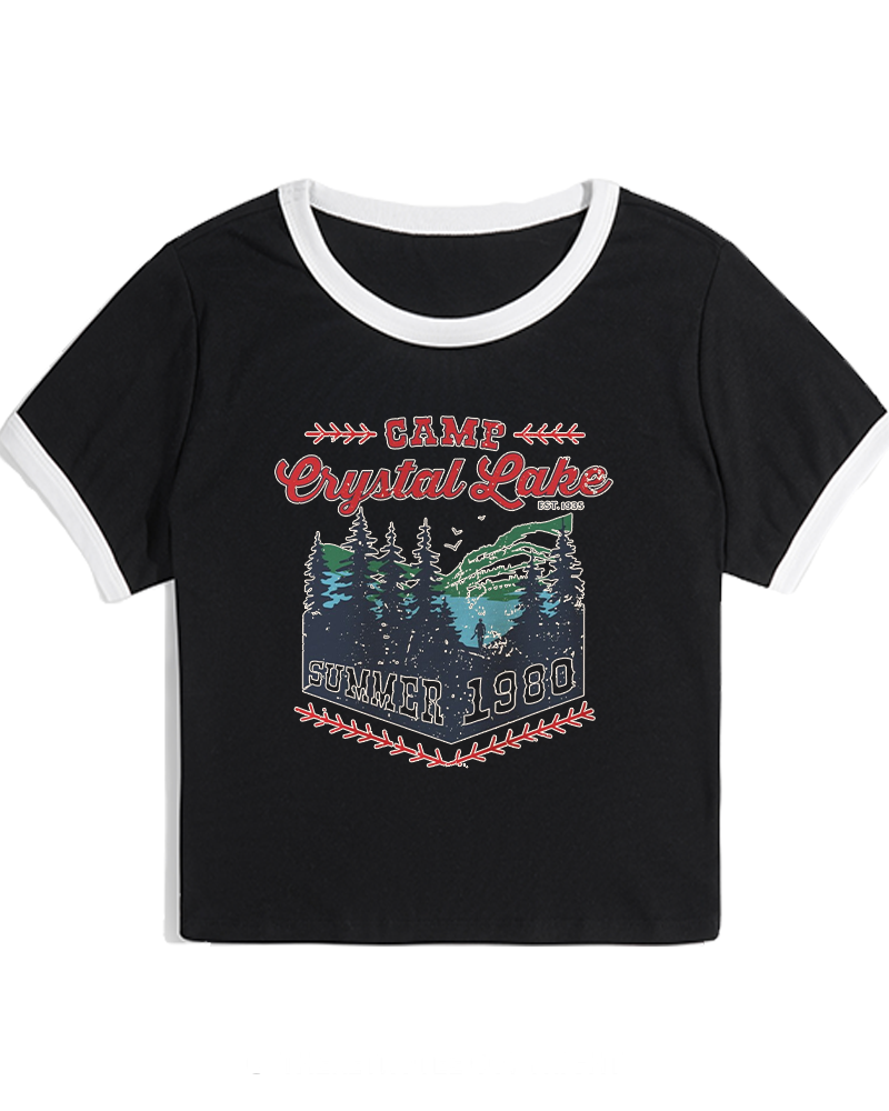 1980s Crystal Lake Camp Inspired Horror Women's Ringer T-shirt image 3
