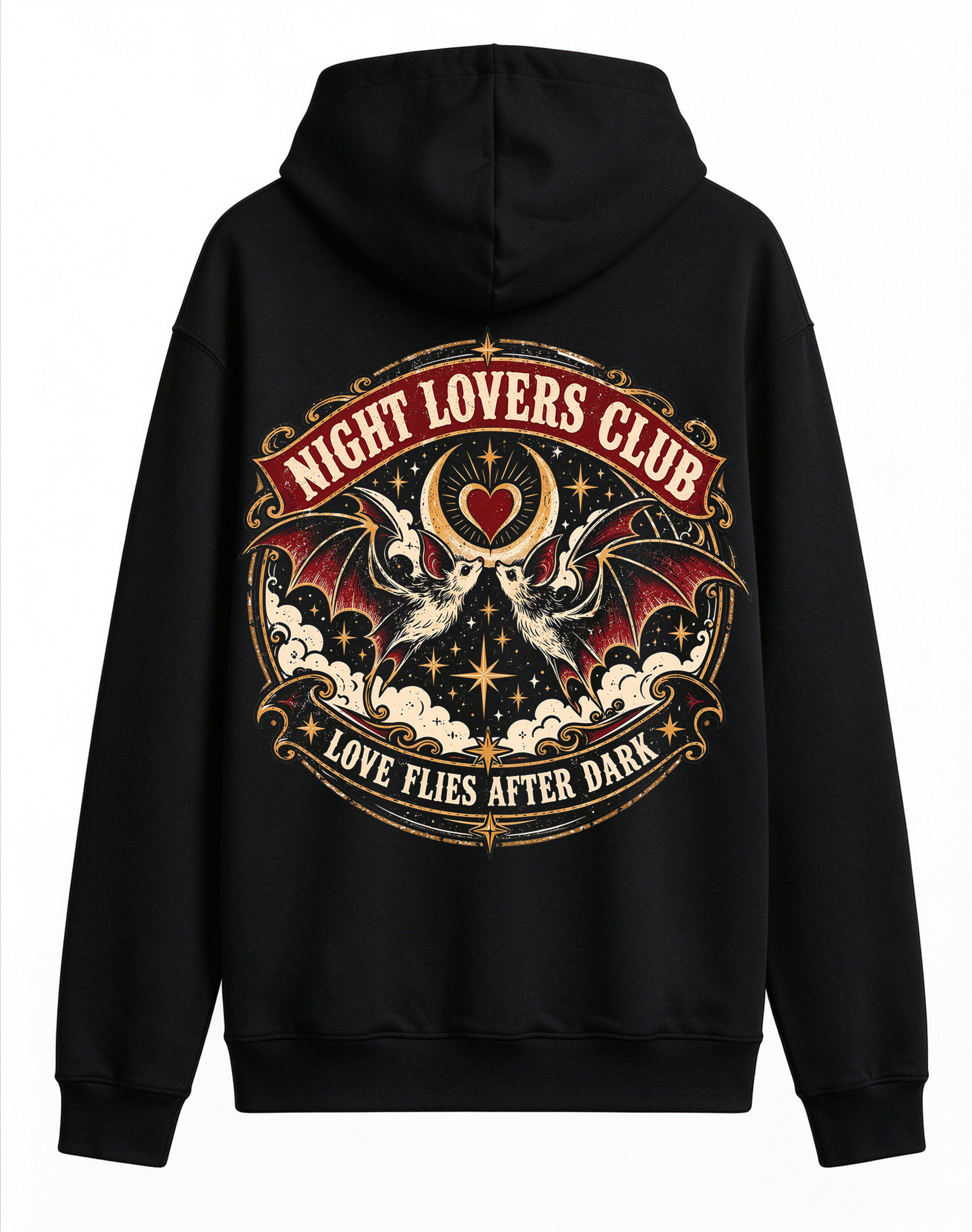Retro Gothic Night Lovers Club Hoodie, Twin Bats Moon Heart Dark Romance Halloween Back Print Hooded Sweatshirt