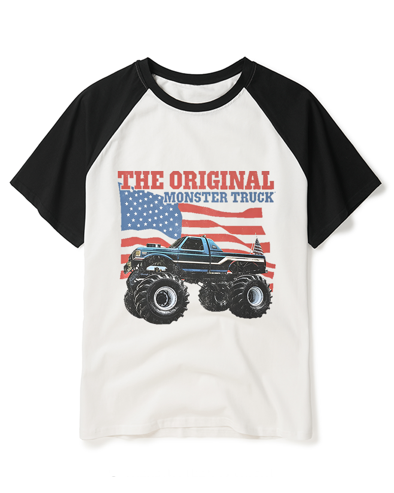 Monster Truck Flag Bigfoot 1970s Raglan Baseball T-Shirt image 4