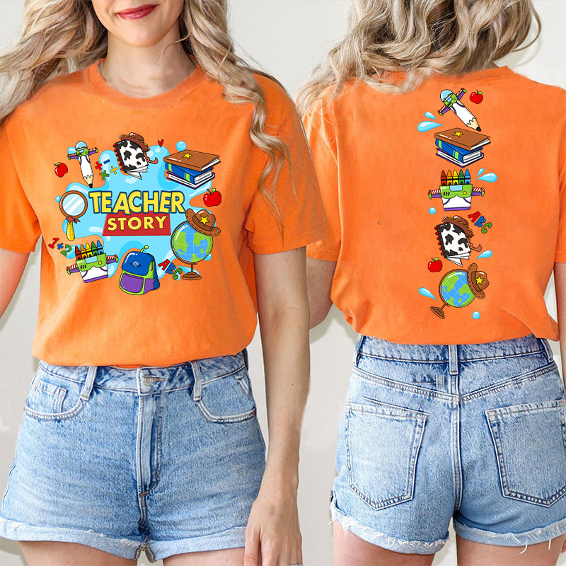 Teacher Story Cute School Stuff Icons Teacher Two Sided T-Shirt image 4