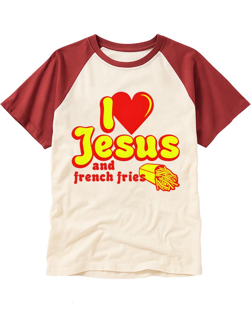 I Heart Jesus And French Fries Vintage Graphic Raglan Baseball T-Shirt image 4