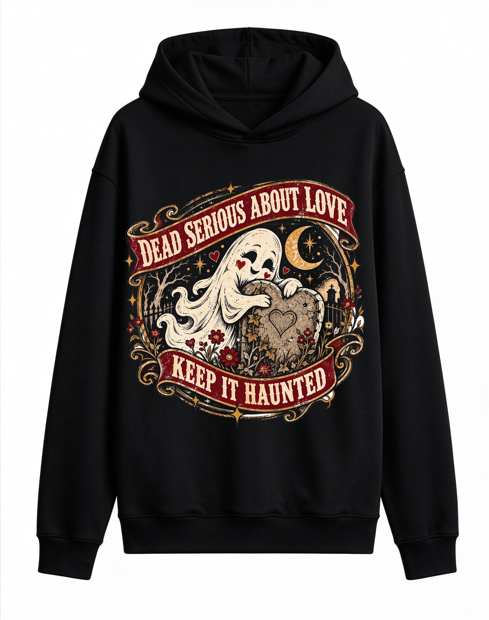 Retro Gothic Ghost Halloween Hoodie, Dead Serious About Love Tombstone Graveyard Front Print Hooded Sweatshirt