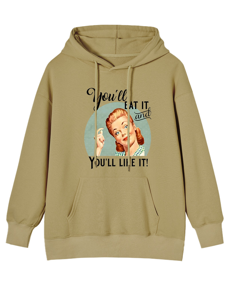 You'll Eat It And Like It Witty Graphic 1950s Cotton Pin-up Hoodie image 5