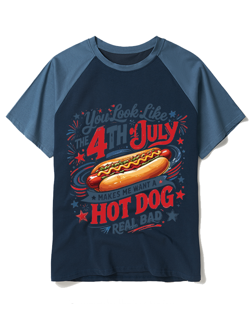 Fourth Of July Shirt Hot Dog 1990s Raglan Baseball T-Shirt image 5