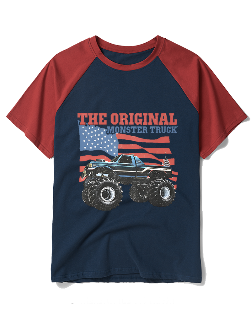 Monster Truck Flag Bigfoot 1970s Raglan Baseball T-Shirt image 5