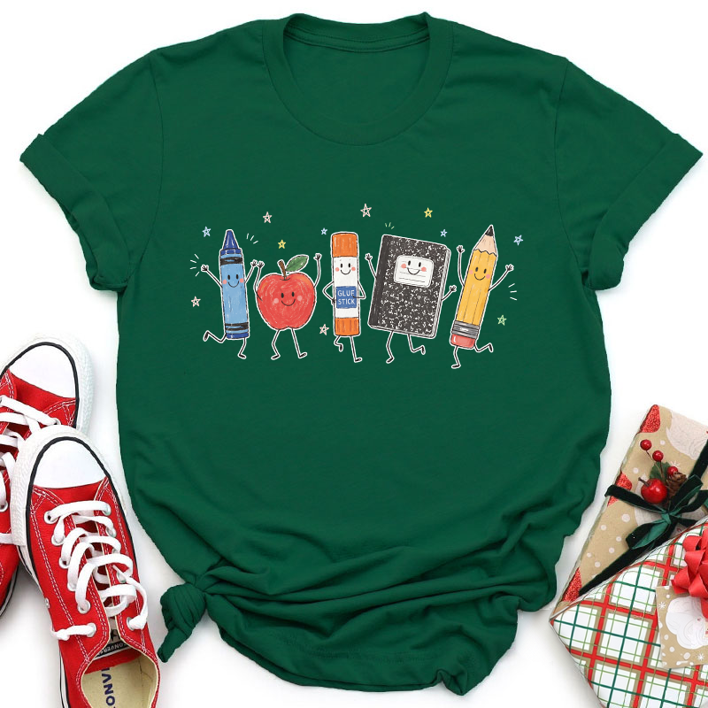 Cute Anthropomorphic School Supplies Teacher T-Shirt image 5
