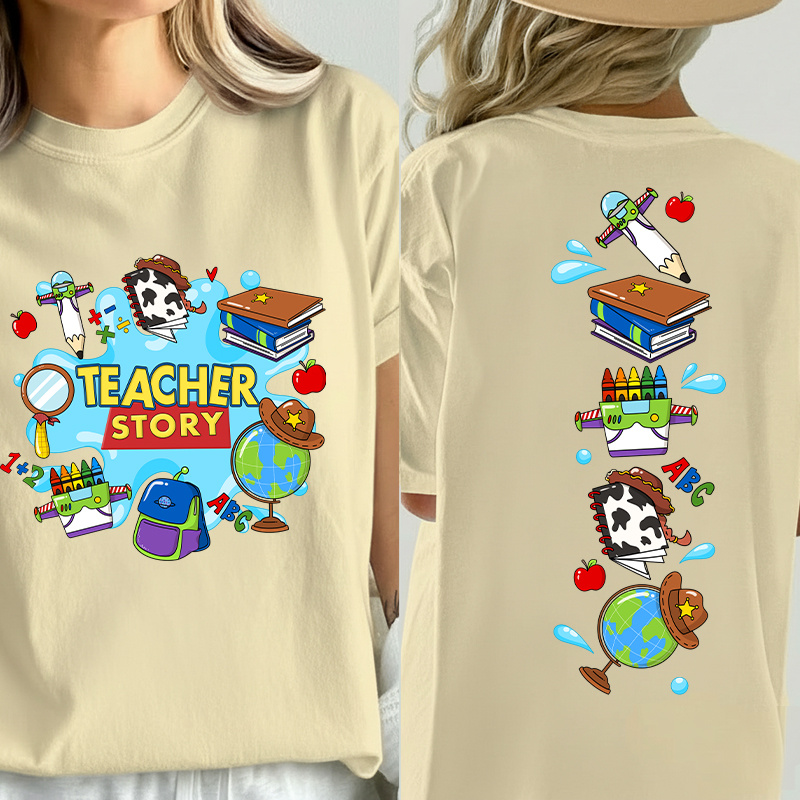 Teacher Story Cute School Stuff Icons Teacher Two Sided T-Shirt image 5