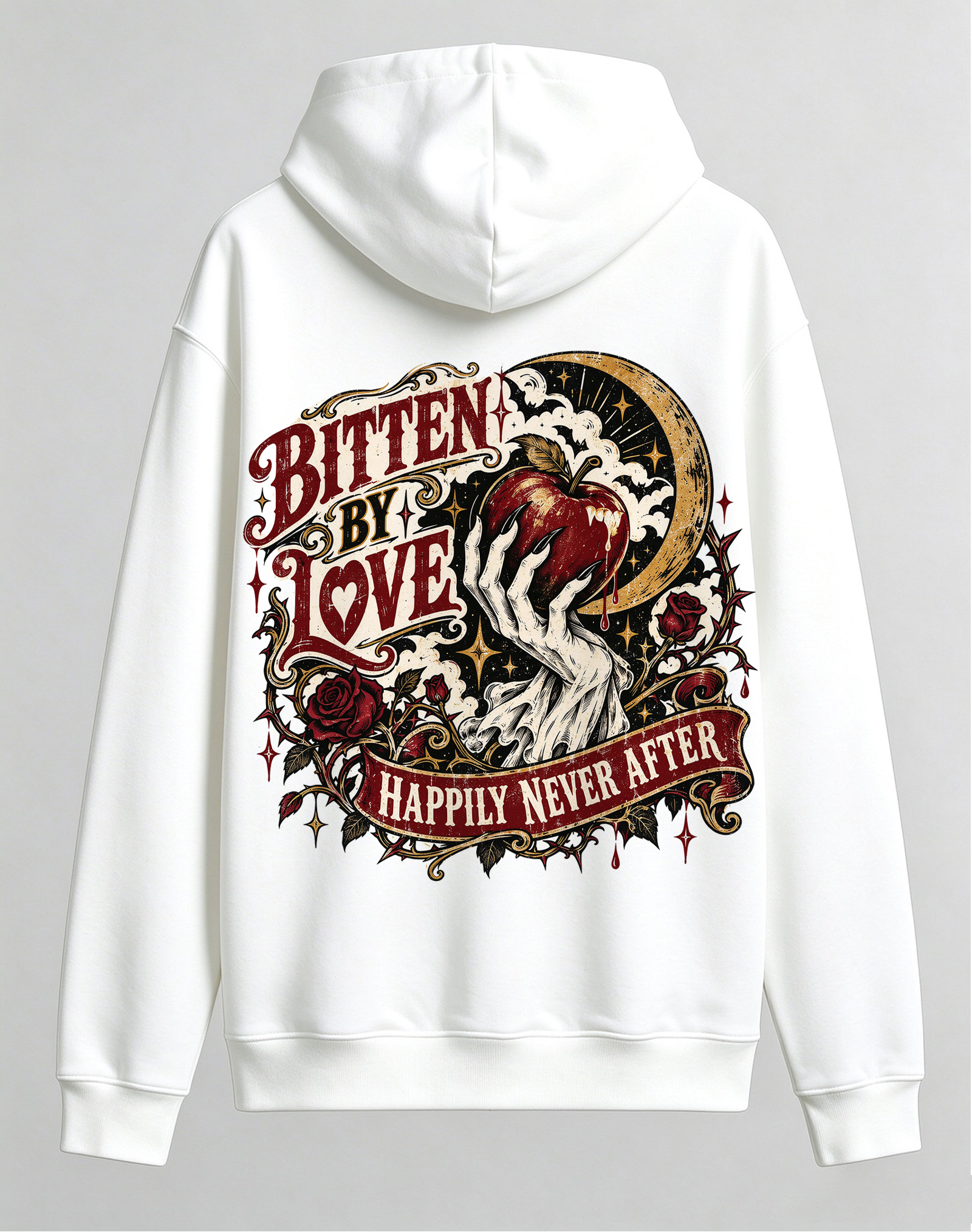 Retro Gothic Poison Apple Hoodie, Bitten By Love Dark Romance Halloween Skeleton Hand Back Print Hooded Sweatshirt