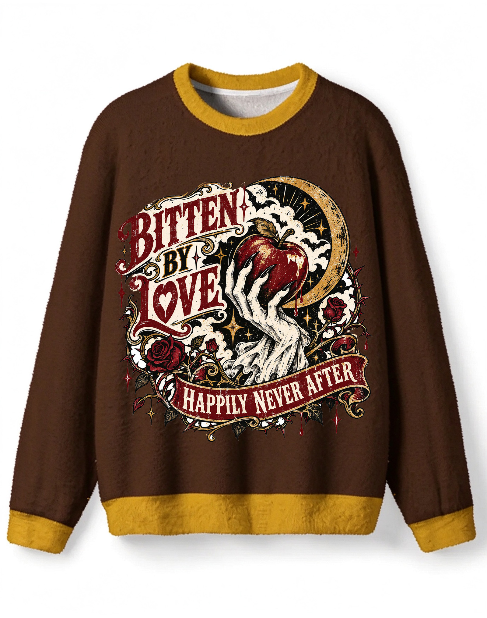Retro Gothic Poison Apple Halloween Sweater, Bitten By Love Skeleton Hand Graphic Knit Top