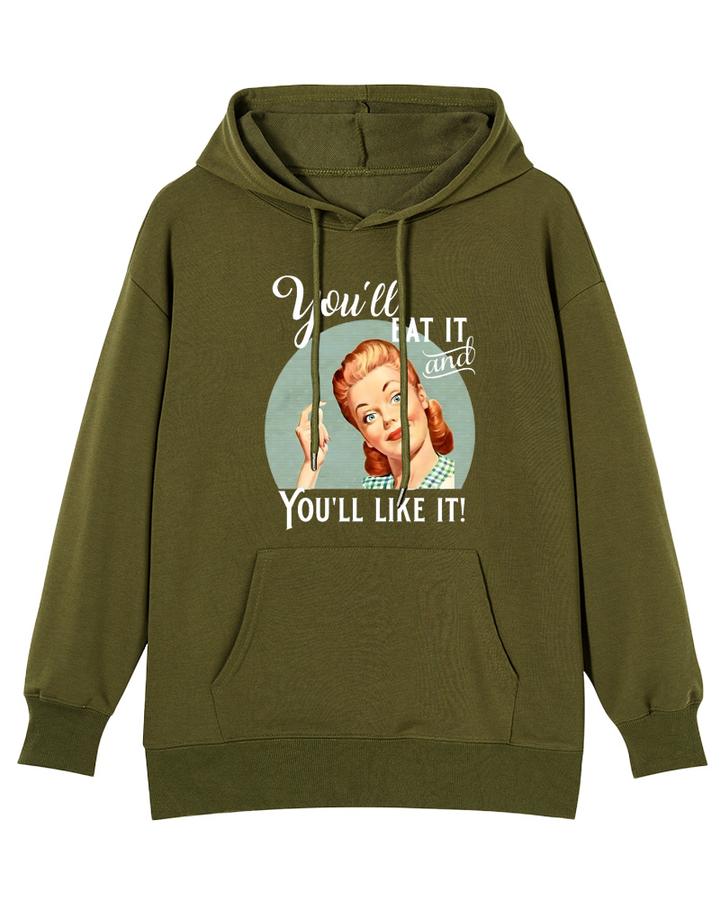 You'll Eat It And Like It Witty Graphic 1950s Cotton Pin-up Hoodie image 6