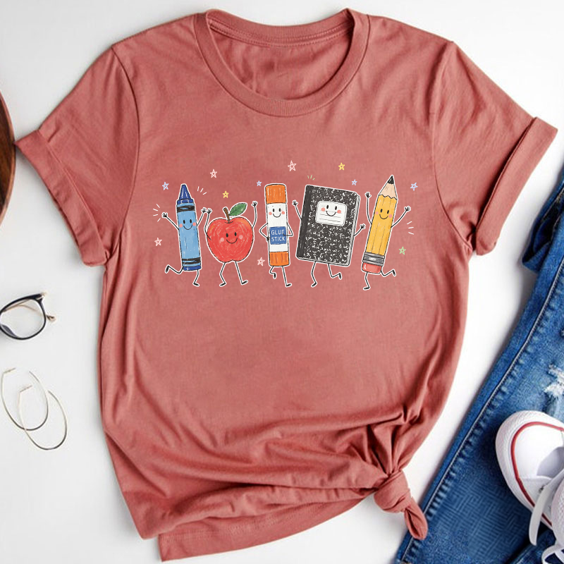 Cute Anthropomorphic School Supplies Teacher T-Shirt image 6