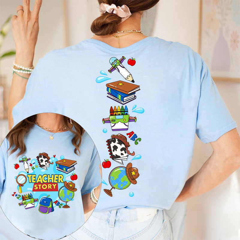 Teacher Story Cute School Stuff Icons Teacher Two Sided T-Shirt image 6