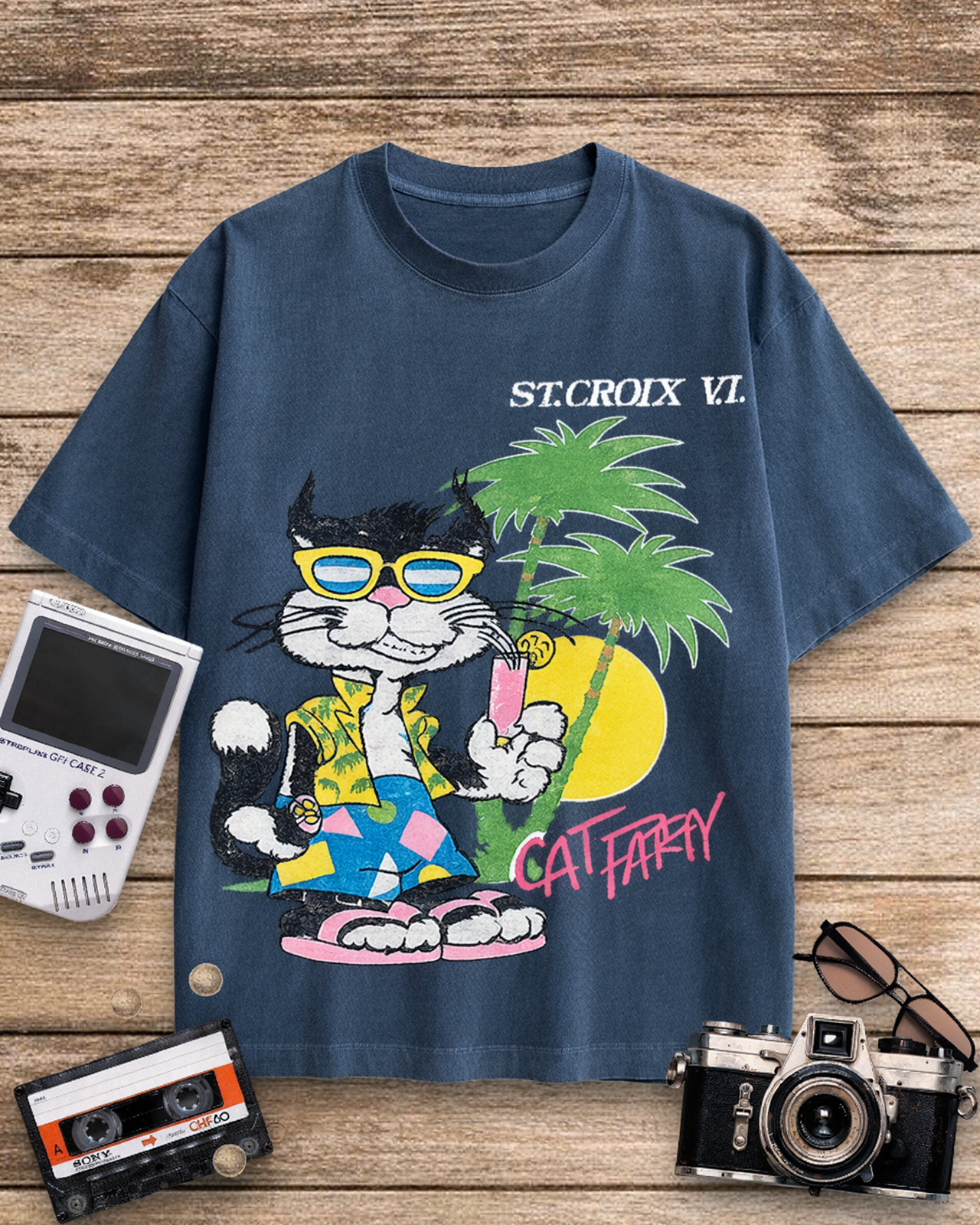 Cat Party 1980s Cotton T-Shirt image 1
