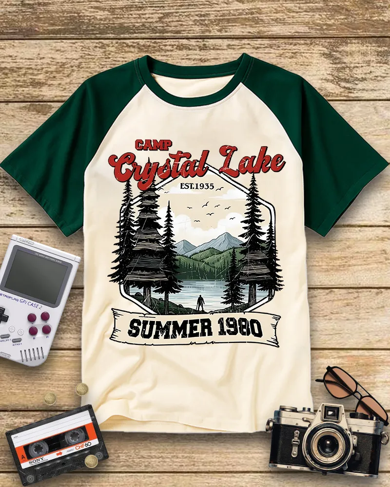 Vintage Lake Camp Scene Horror Raglan Tee