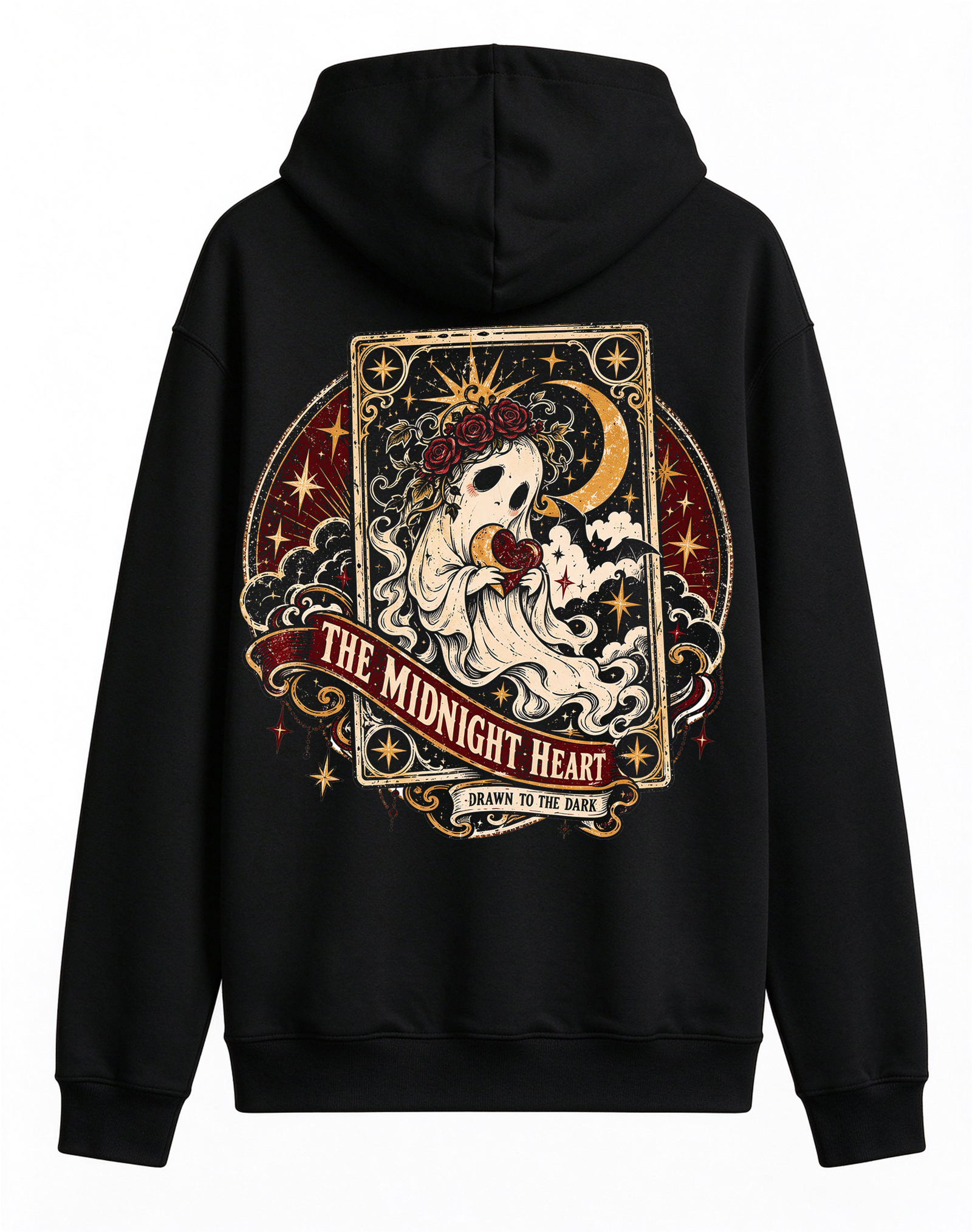 Retro Gothic Tarot Ghost Hoodie, The Midnight Heart Dark Romance Halloween Tarot Card Back Print Hooded Sweatshirt