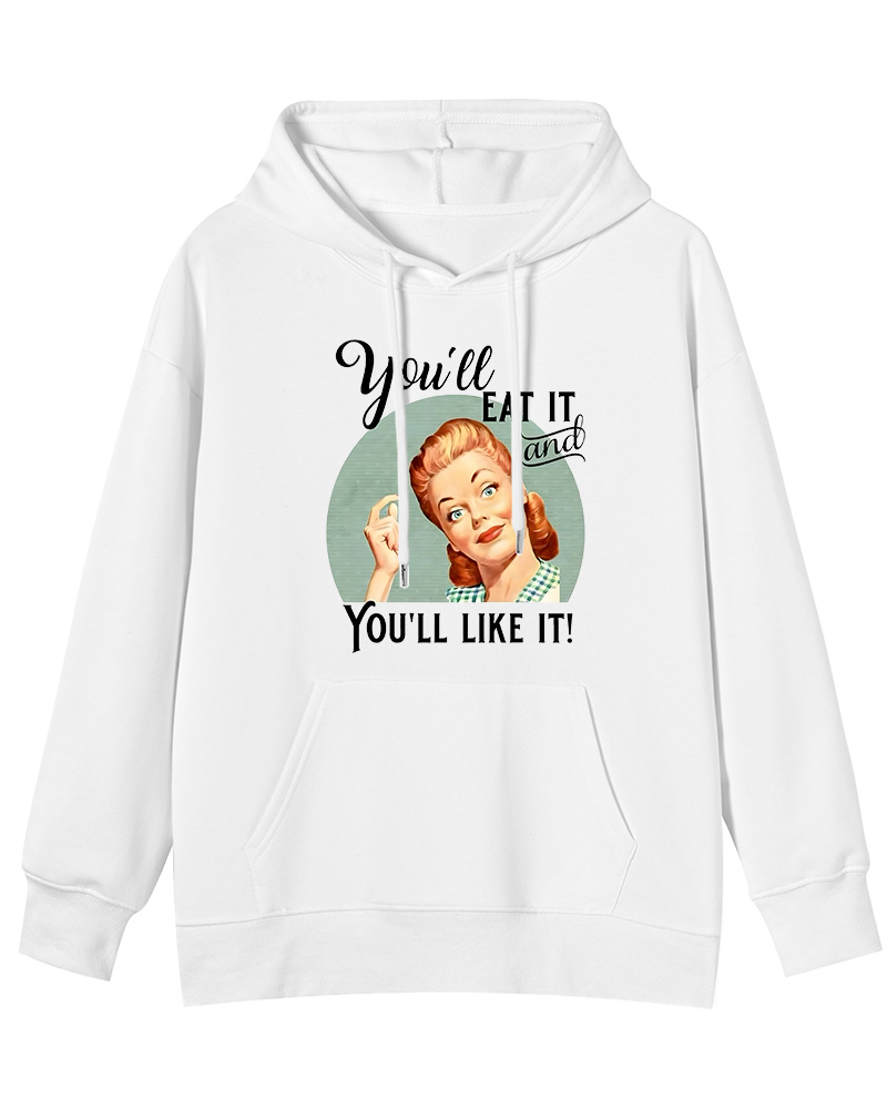 You'll Eat It And Like It Witty Graphic 1950s Cotton Pin-up Hoodie image 7
