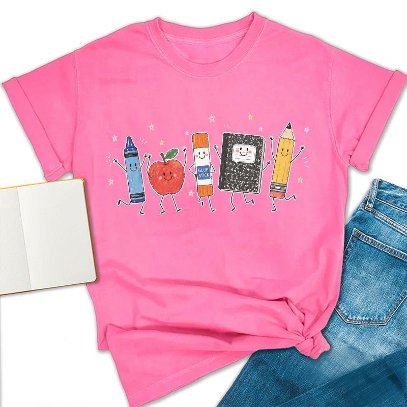 Cute Anthropomorphic School Supplies Teacher T-Shirt image 7
