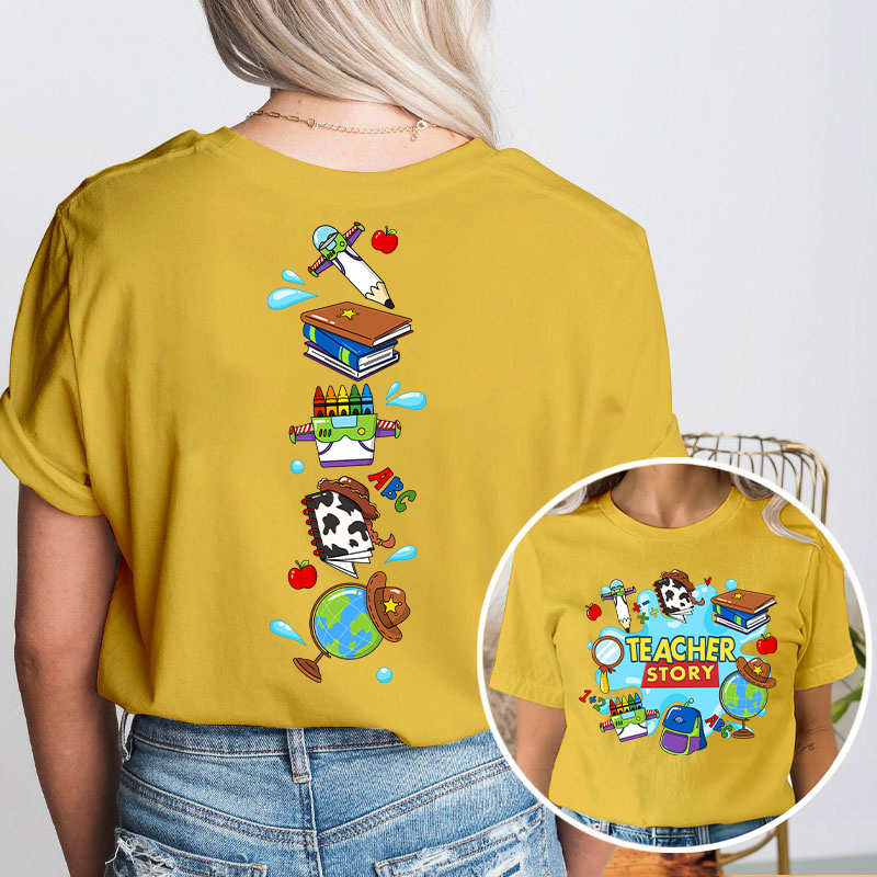 Teacher Story Cute School Stuff Icons Teacher Two Sided T-Shirt image 7