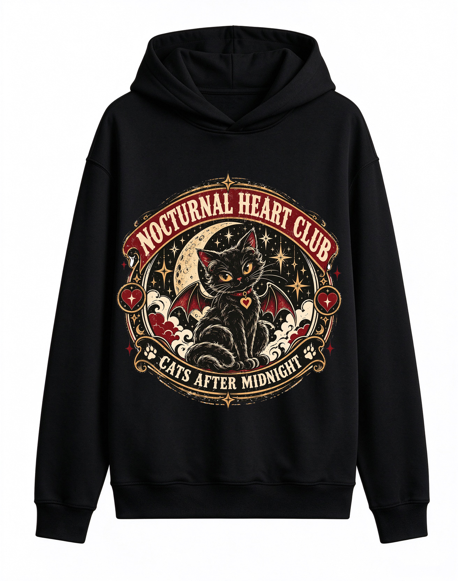 Retro Gothic Demon Cat Halloween Hoodie, Nocturnal Heart Club Cats After Midnight Front Print Hooded Sweatshirt