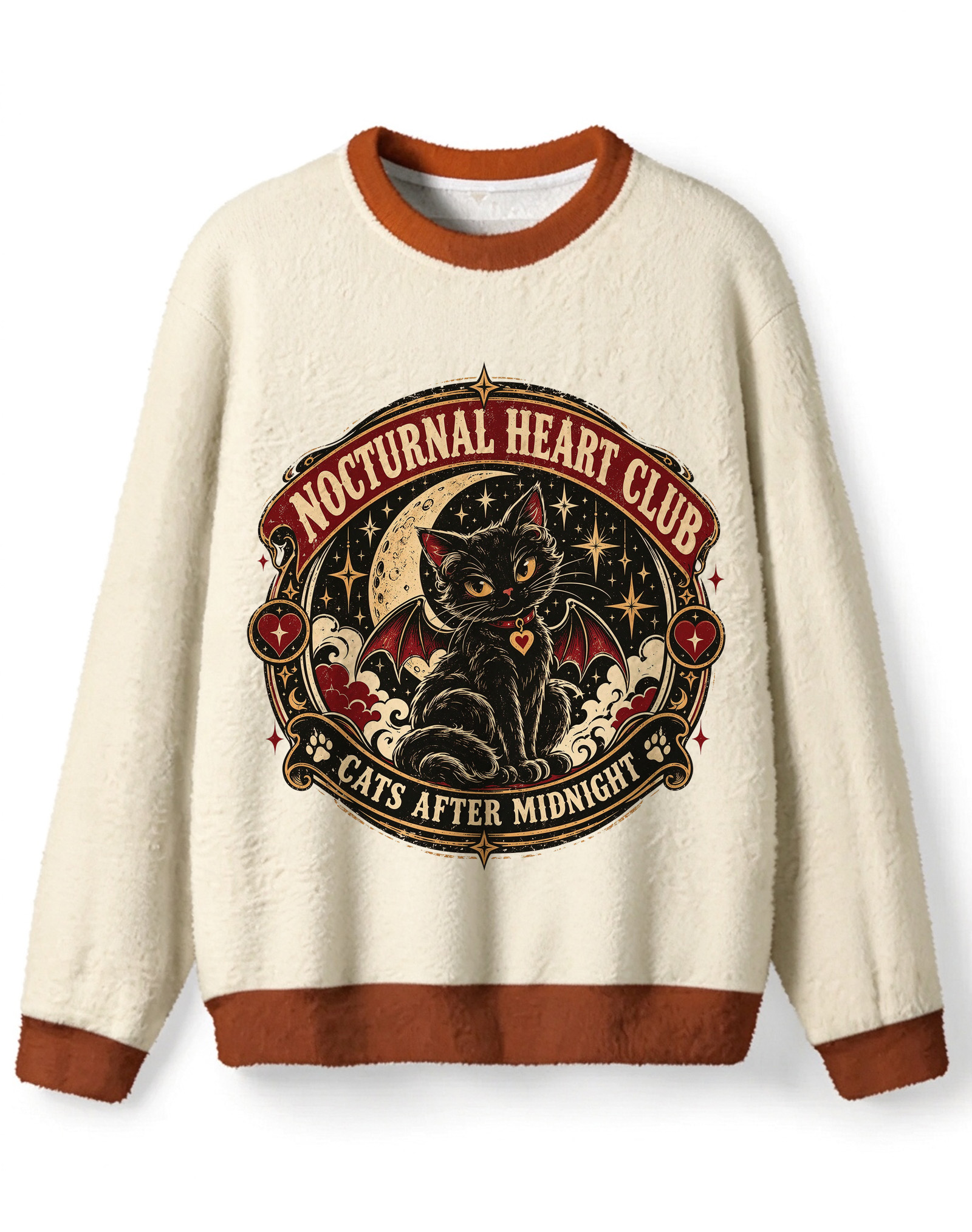 Retro Gothic style winged black cat Halloween sweater, Night Walker's Heart Club pattern sweater