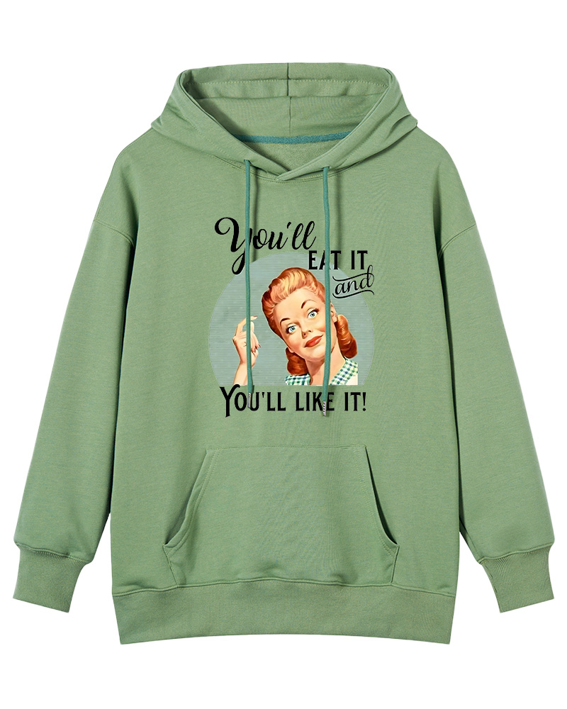 You'll Eat It And Like It Witty Graphic 1950s Cotton Pin-up Hoodie image 8