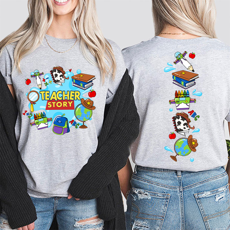 Teacher Story Cute School Stuff Icons Teacher Two Sided T-Shirt image 8