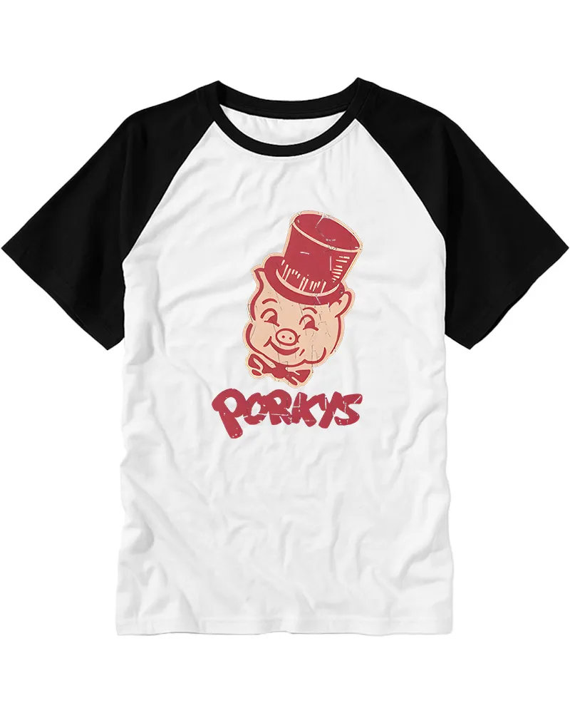Retro Cartoon Pig Logo Cotton Raglan Tee