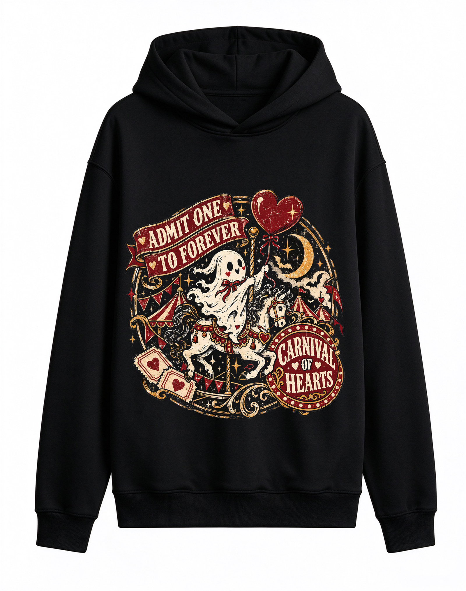 Retro Gothic Carnival Of Hearts Hoodie, Ghost on Carousel Dark Romance Halloween Front Print Hooded Sweatshirt