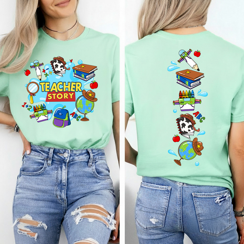 Teacher Story Cute School Stuff Icons Teacher Two Sided T-Shirt image 9