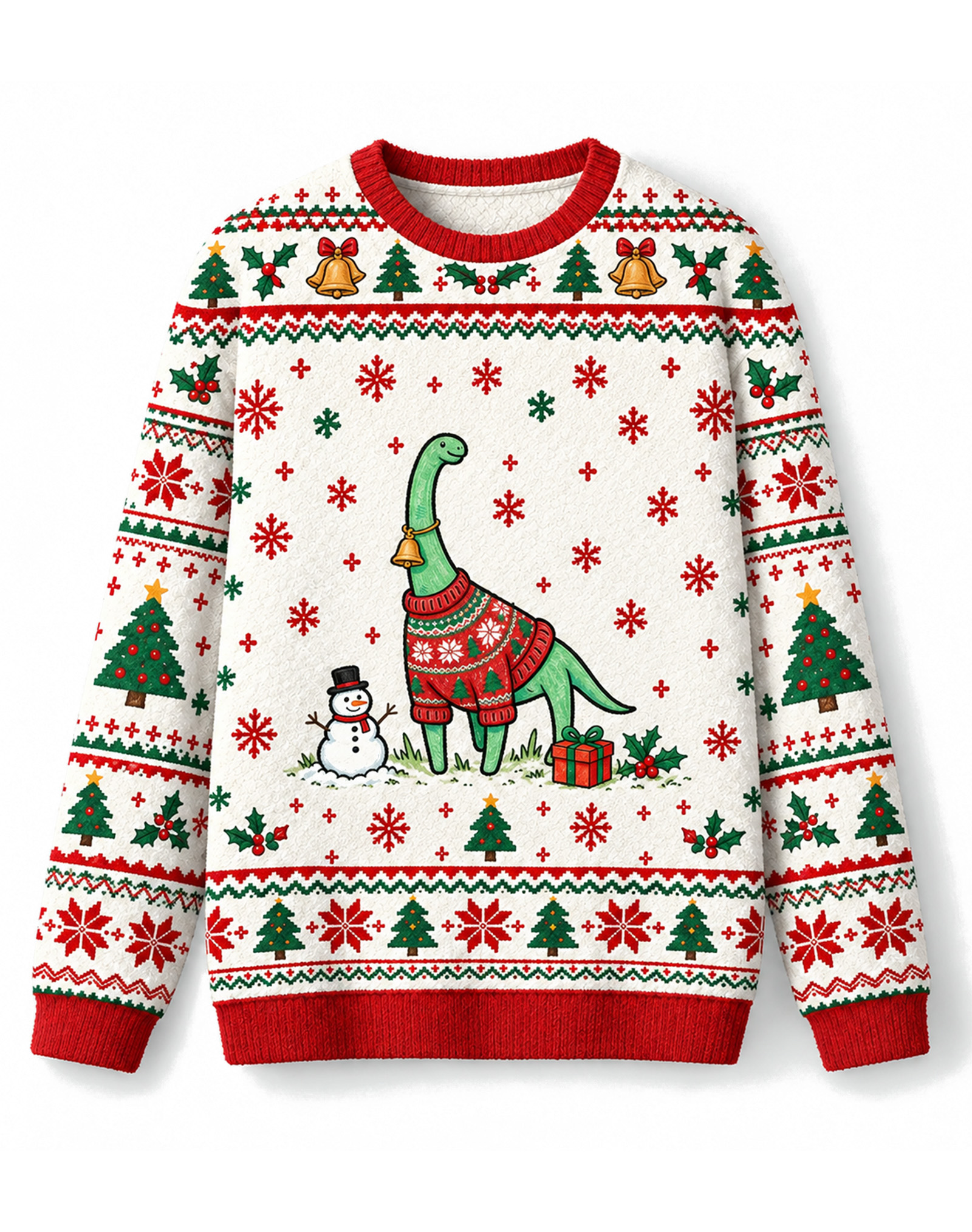 Cute Brontosaurus Christmas Sweater with Snowman Fair Isle Pullover