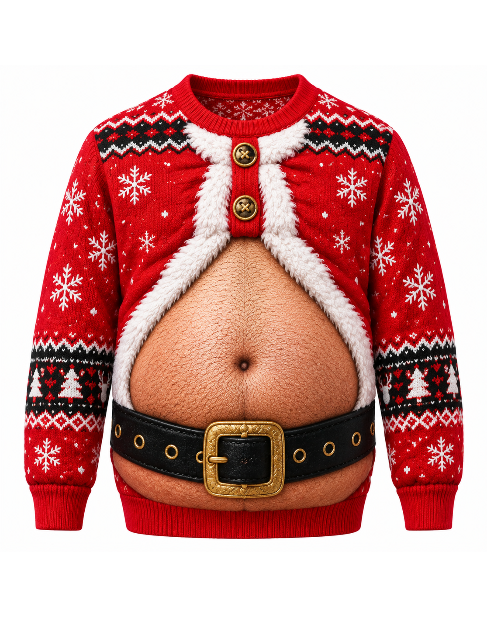 Funny Fake Santa Belly Christmas Sweater, Red Knit with Snowflake Pattern