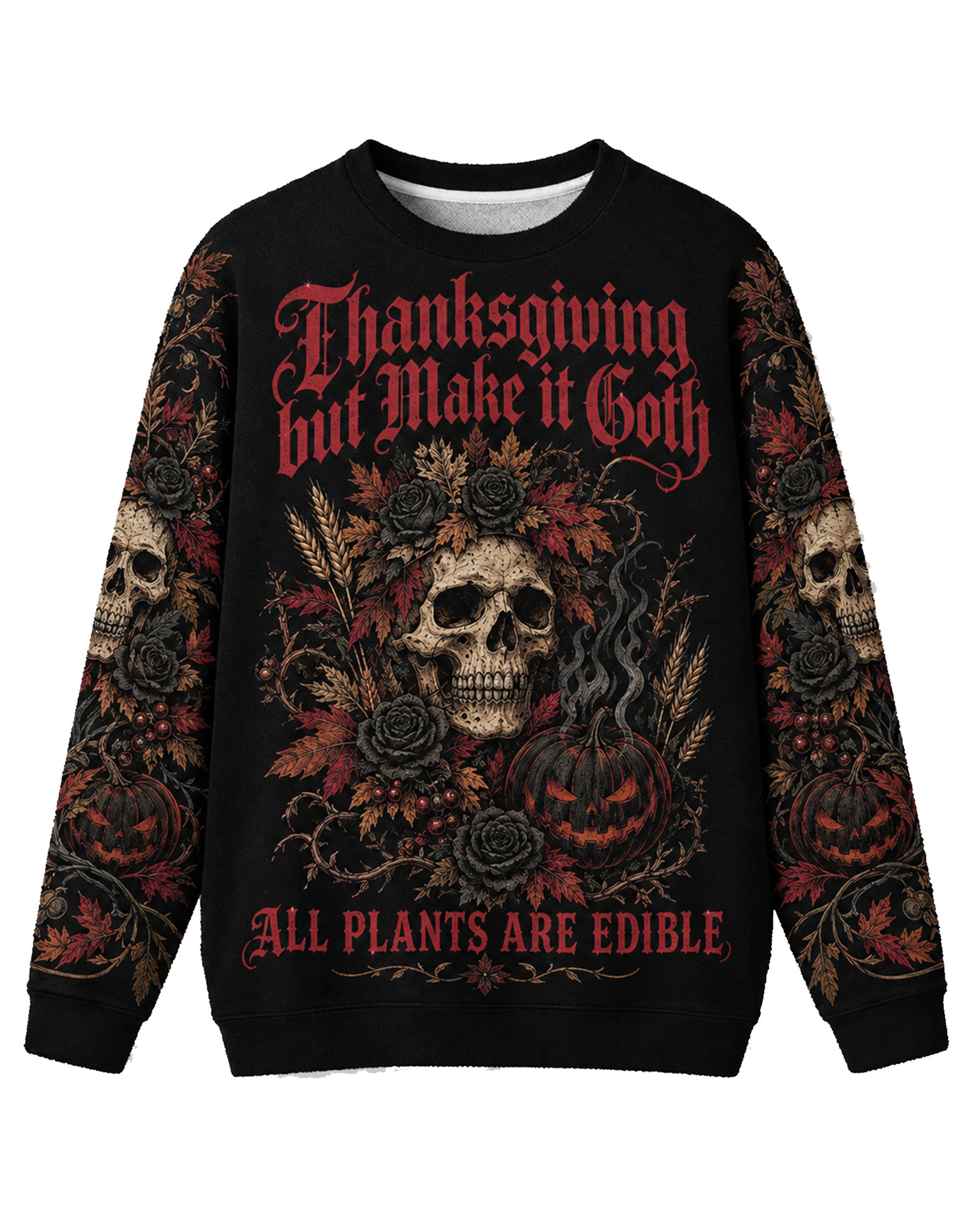 Vintage Fall Goth Skull Rose Pumpkin Crew Neck Sweater