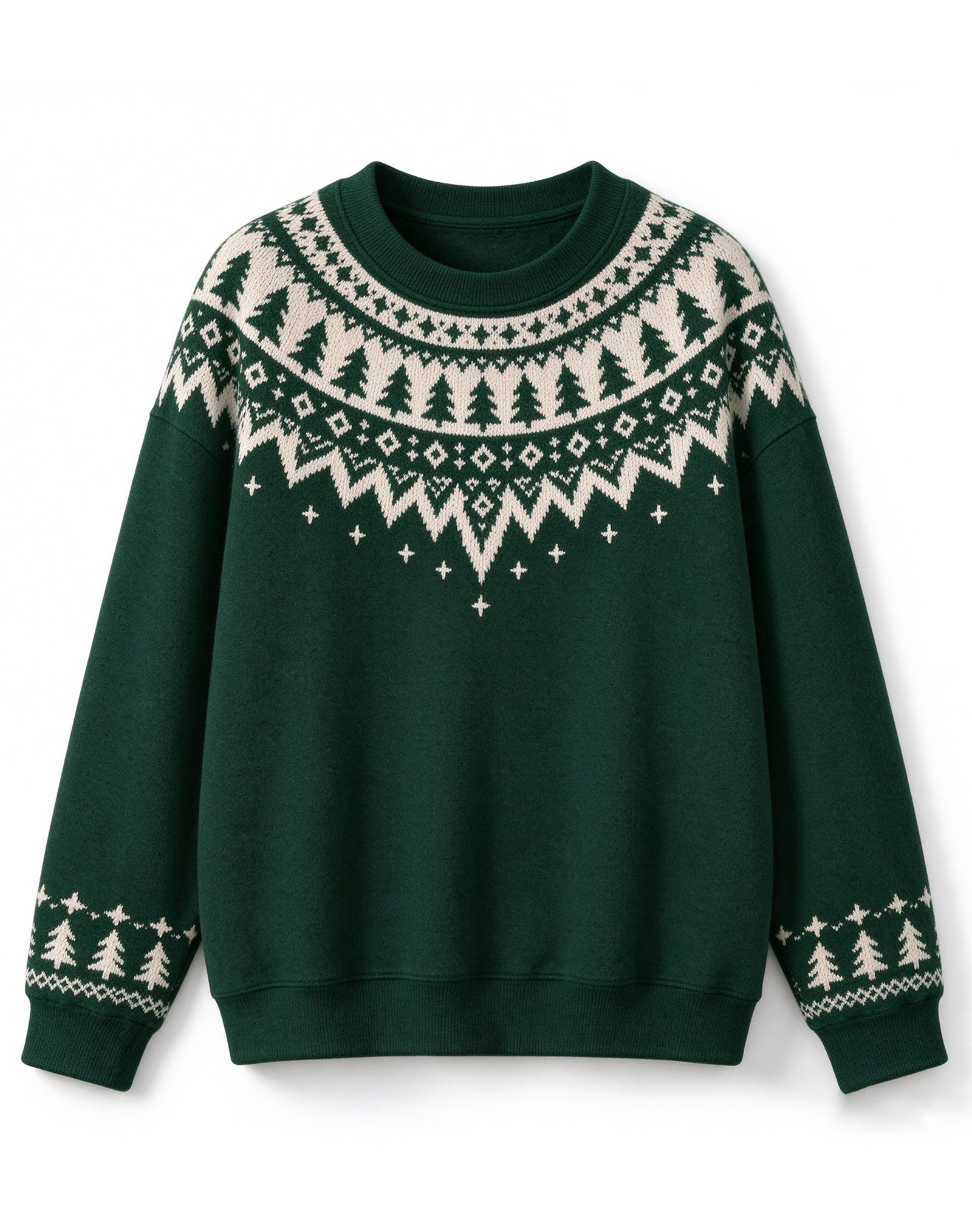 Forest Green Fair Isle Christmas Tree Crew Neck Knit Sweater, Vintage Nordic Winter Holiday Sweater