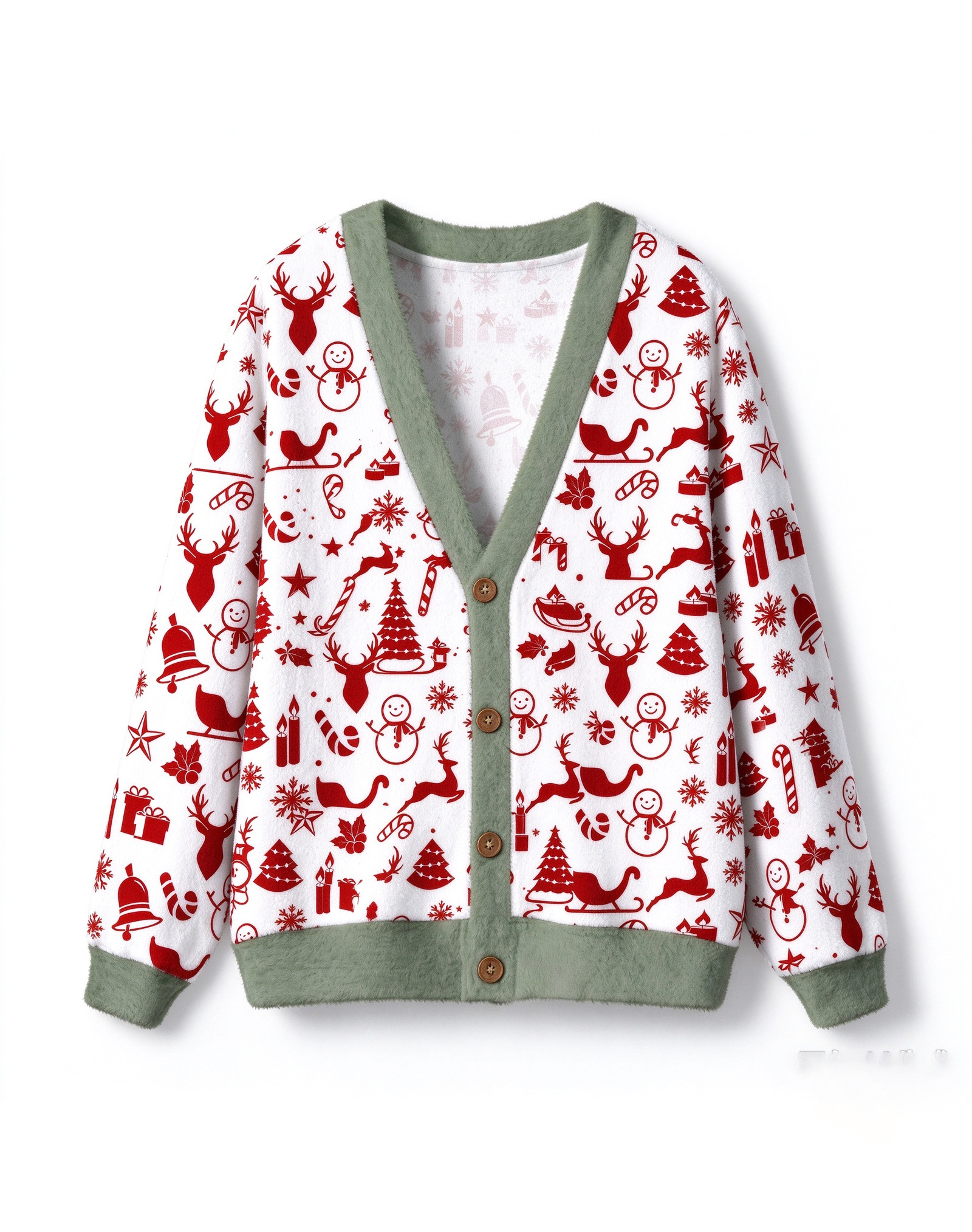 Christmas Fleece Cardigan for Women, Ugly Christmas Sweater Style V-Neck Button Down Open Front Knit Jacket with Reindeer Snowman Santa Print, Festive Holiday Winter Warm Soft Outwear