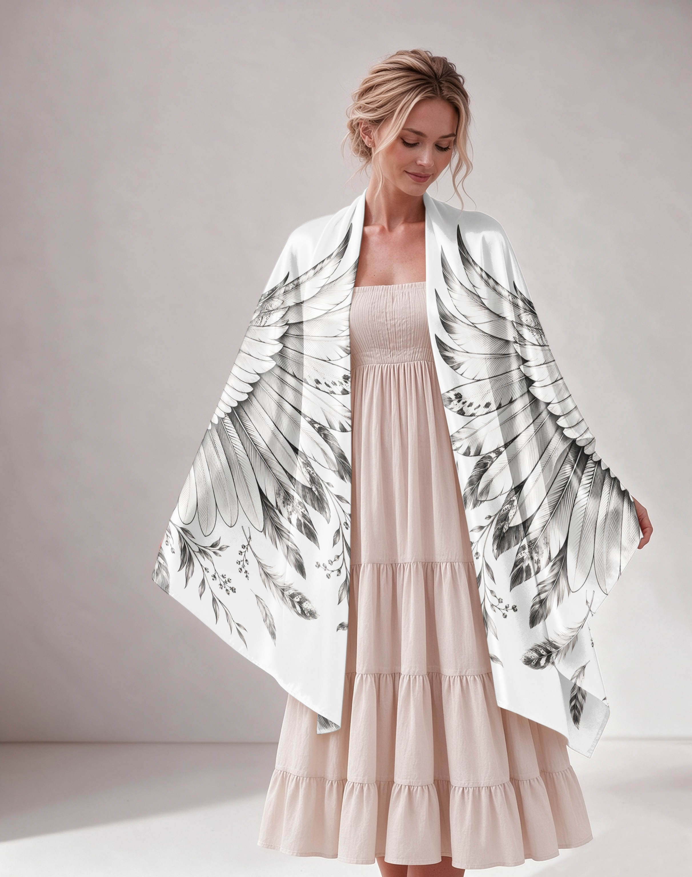 Monochrome Sketch Wing Satin Cape Shawl