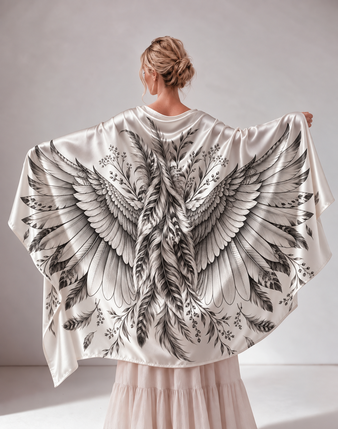 Monochrome Sketch Wing Satin Cape Shawl