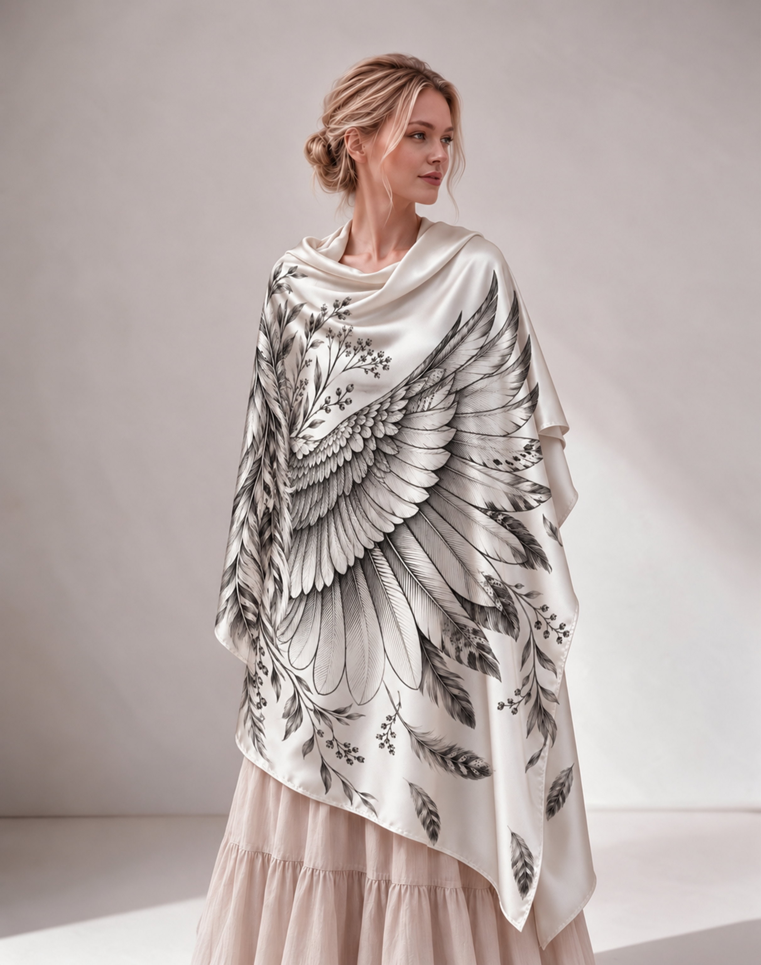 Monochrome Sketch Wing Satin Cape Shawl