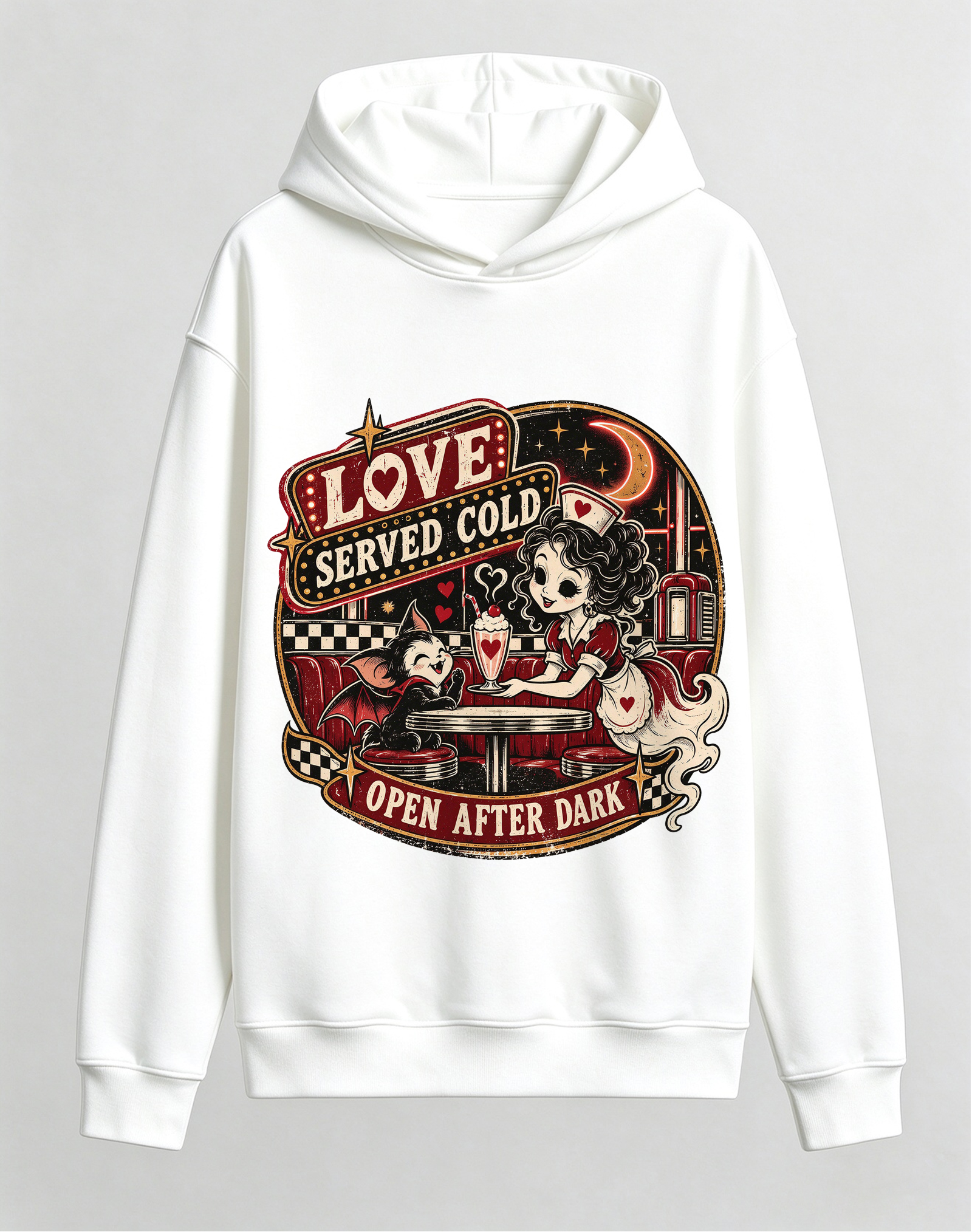 Retro Gothic Diner Halloween Hoodie, Love Served Cold Bat Kitten Dark Romance Front Print Hooded Sweatshirt
