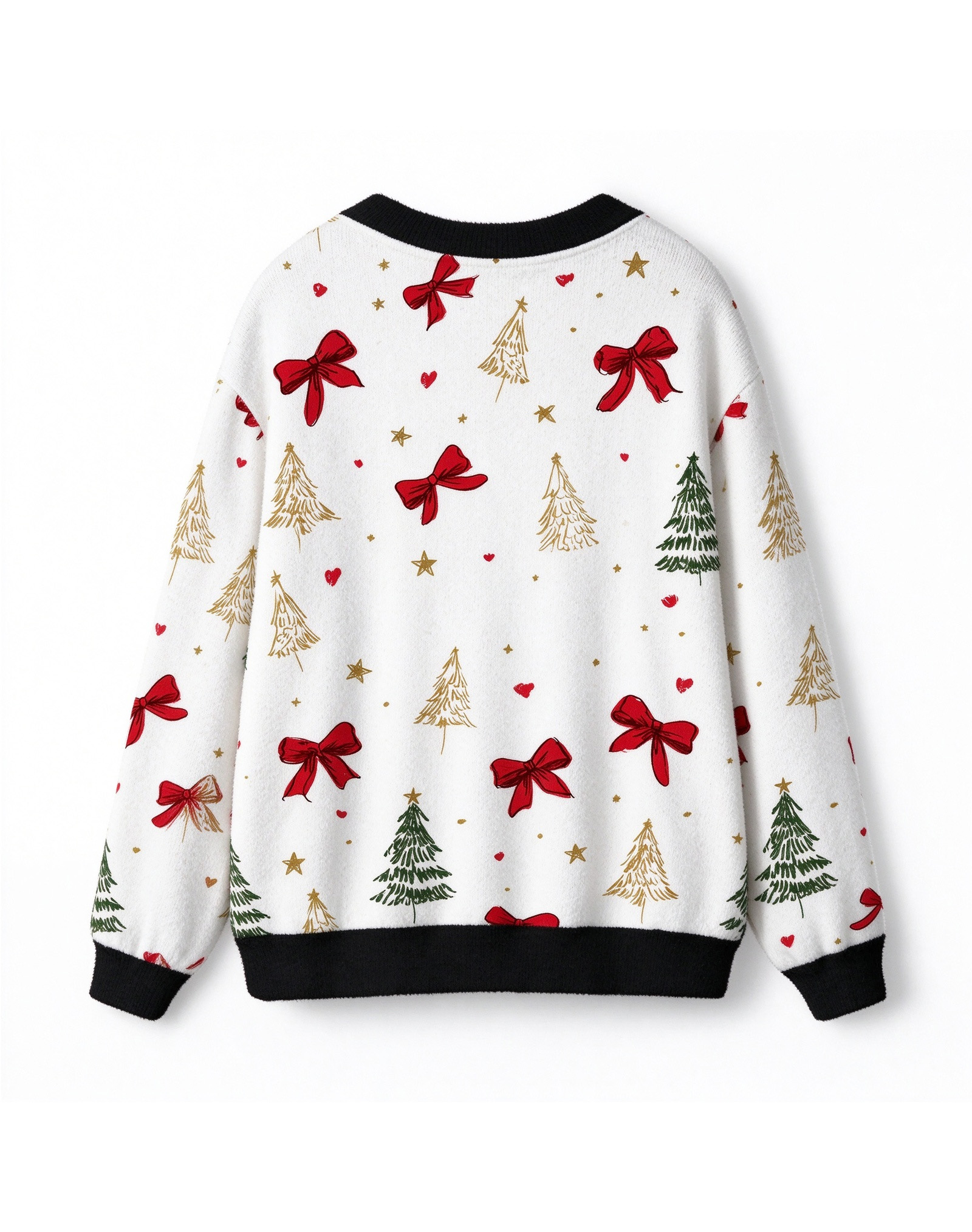 Christmas Bow Tree Fleece Cardigan, Red Ribbon Gold Green Xmas V-Neck Button Sweater